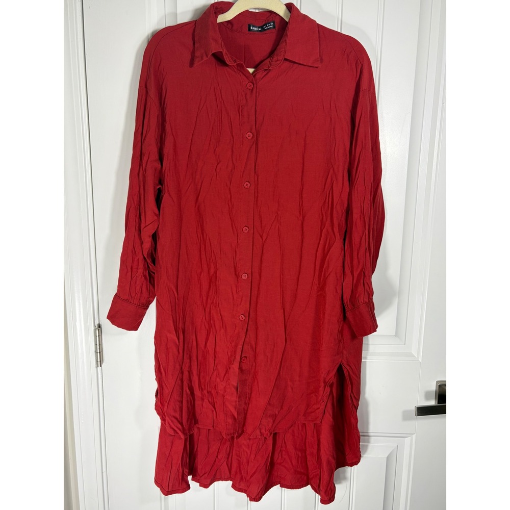 SHEIN Red Long Sleeve Button Down Shirt Dress High Low Hem Size S sw221123374732
